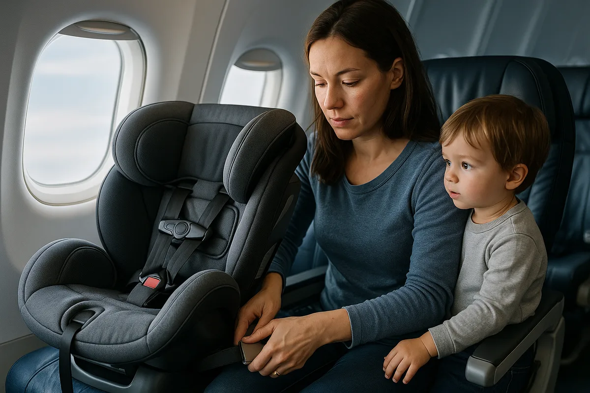 Parent installing a child car seat on an airplane seat with the lap belt