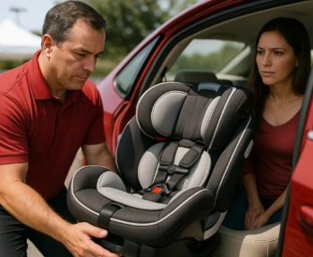 Technician checking a convertible car seat installation while parent watches