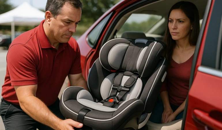 Technician checking a convertible car seat installation while parent watches