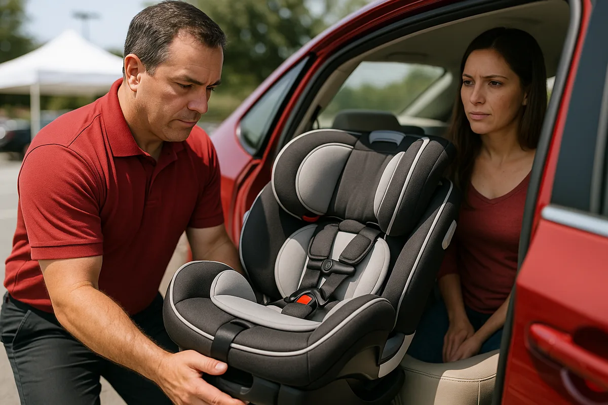 Technician checking a convertible car seat installation while parent watches