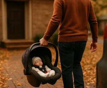 Father carrying an infant car seat with a sleeping newborn toward the car