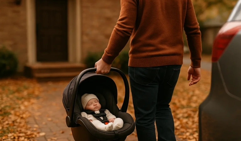 Father carrying an infant car seat with a sleeping newborn toward the car