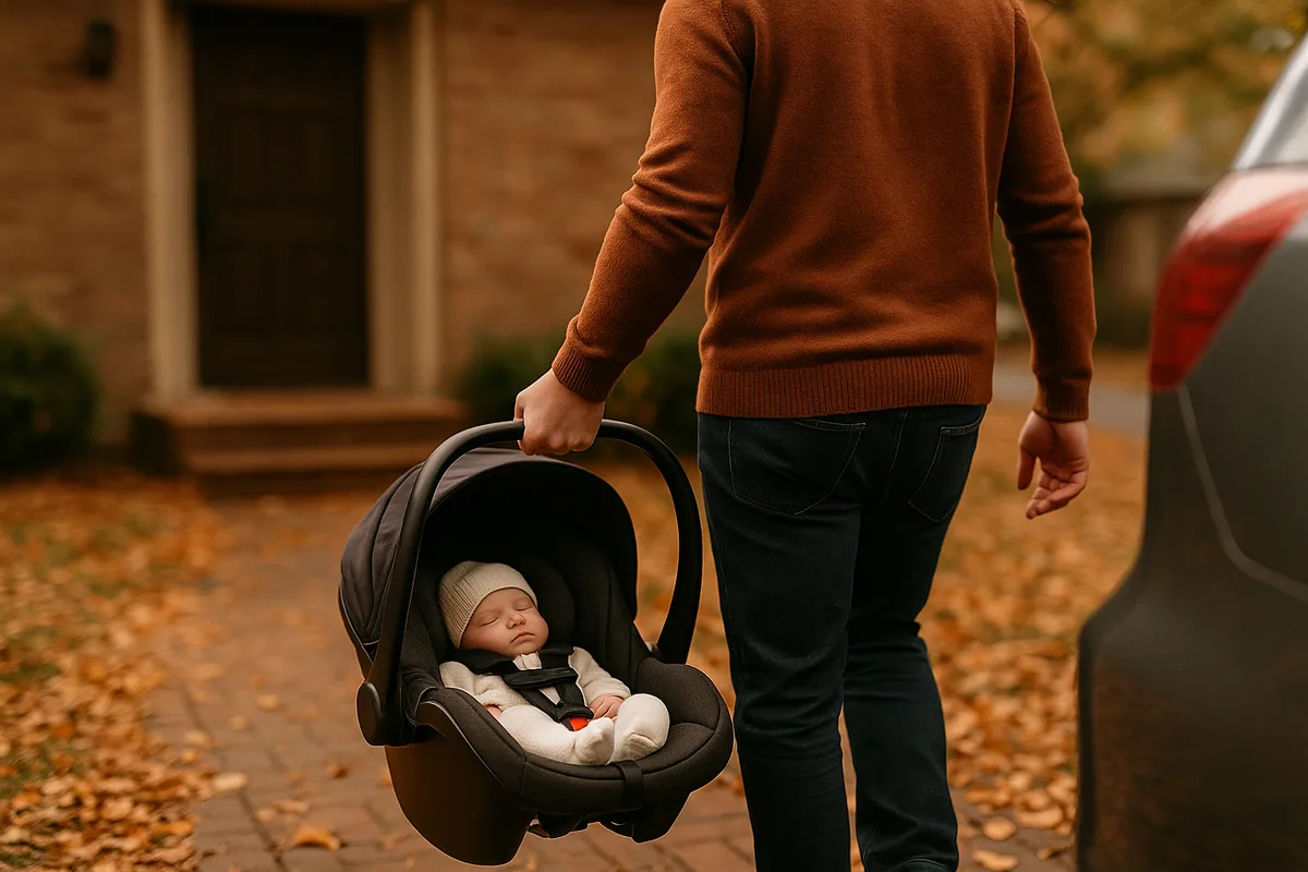 Father carrying an infant car seat with a sleeping newborn toward the car