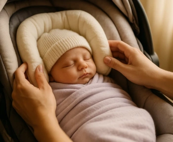 Newborn supported by an infant insert inside an infant car seat
