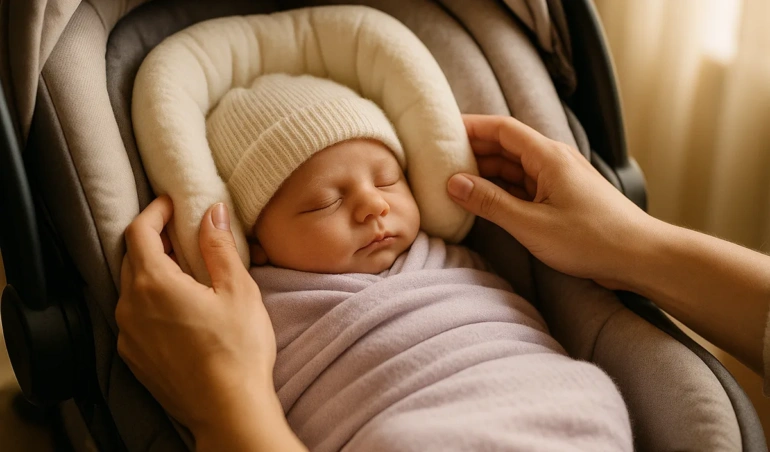 Newborn supported by an infant insert inside an infant car seat