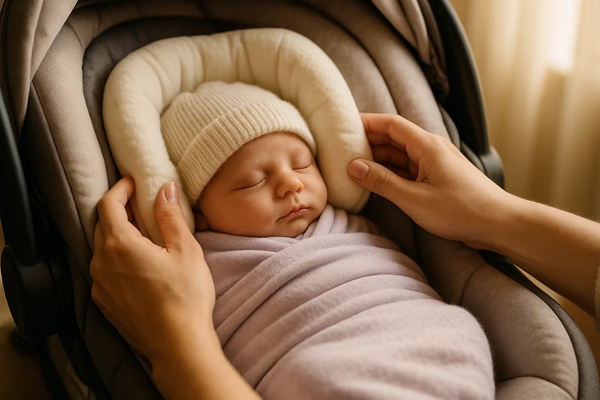 Newborn supported by an infant insert inside an infant car seat