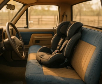 Child car seat placed on the front bench seat of a single-cab pickup truck