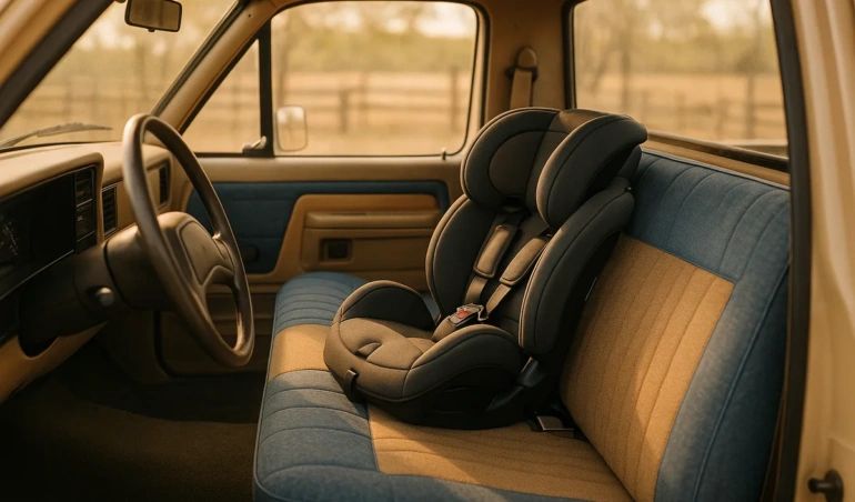 Child car seat placed on the front bench seat of a single-cab pickup truck