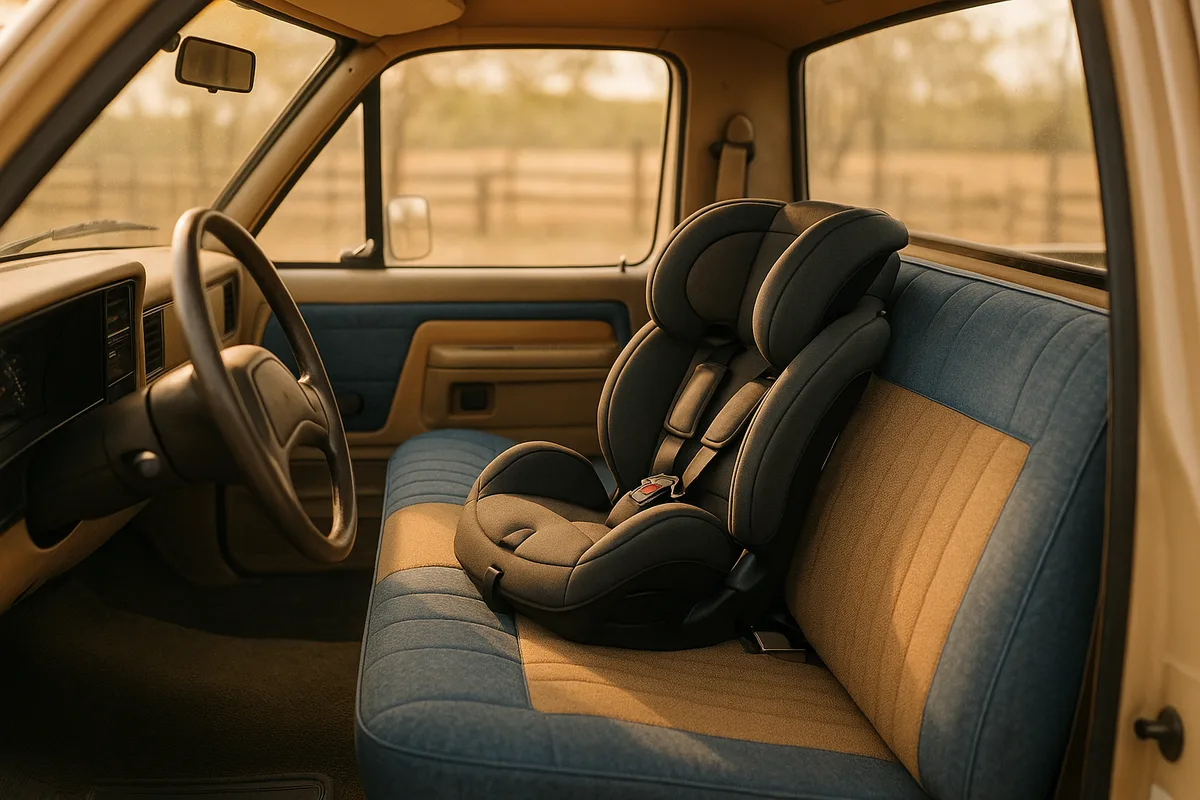 Child car seat placed on the front bench seat of a single-cab pickup truck