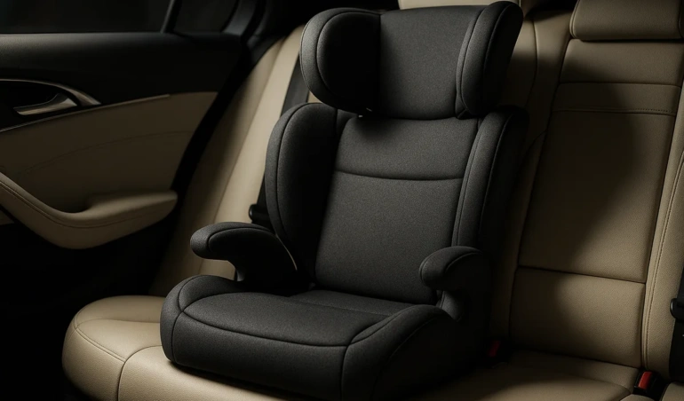 Premium high-back booster seat installed in a luxury sedan