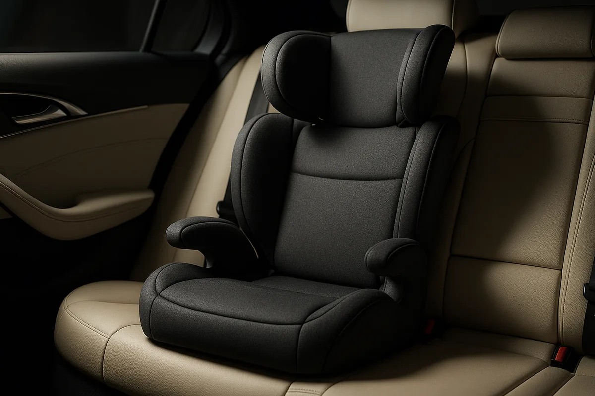 Premium high-back booster seat installed in a luxury sedan