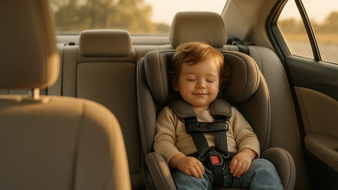 Toddler seated in a rear-facing convertible car seat in the back seat of a car