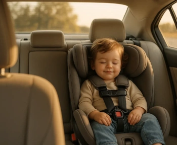 Toddler seated in a rear-facing convertible car seat in the back seat of a car
