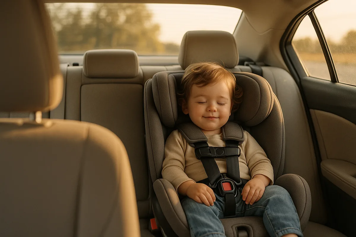 Toddler seated in a rear-facing convertible car seat in the back seat of a car