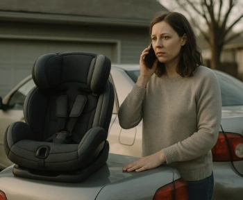 Parent on the phone next to a car seat after a minor car accident