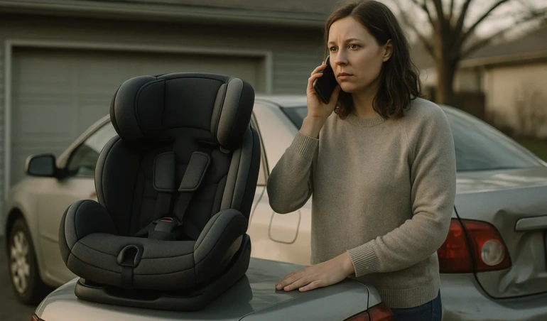 Parent on the phone next to a car seat after a minor car accident