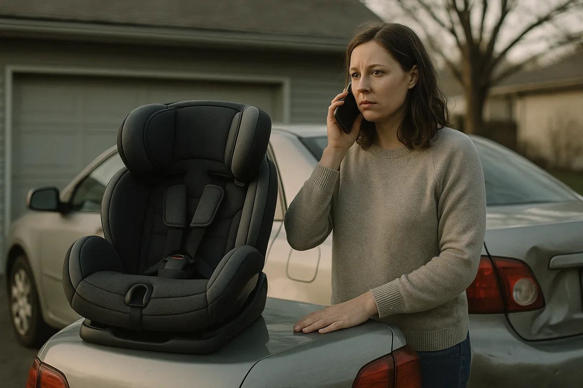 Parent on the phone next to a car seat after a minor car accident